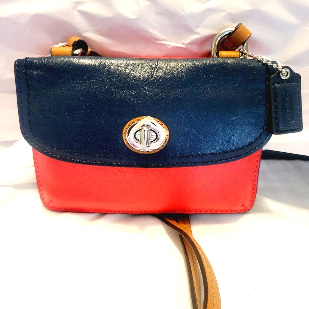 Coach crossbody foldover wallet; navy/orange; NEW